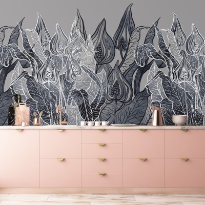 Grey flowers, Line Art, Ταπετσαρίες Τοίχου, 100 x 100 εκ.